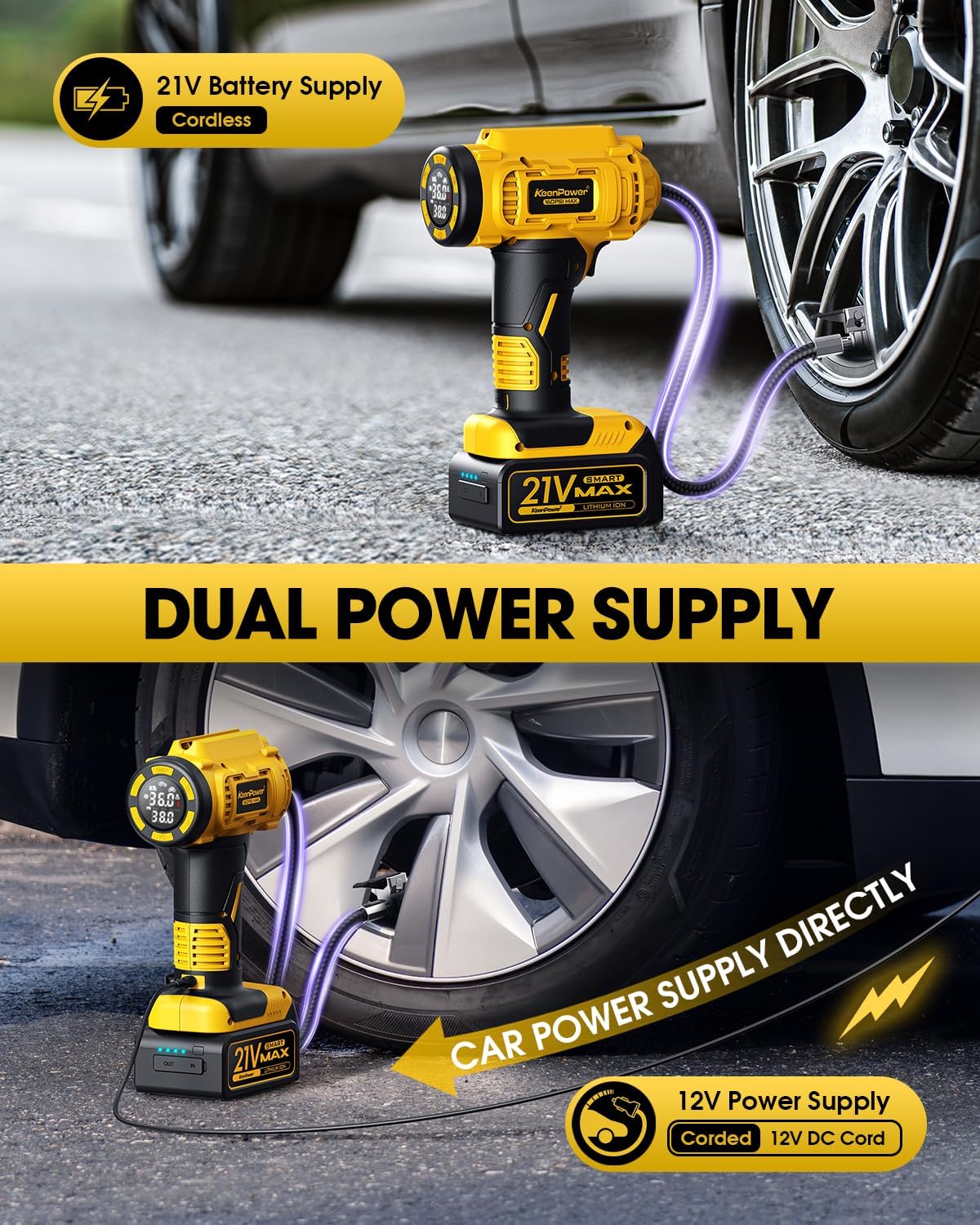 KeenPower Cordless Tire Inflator Portable Air Compressor, 160PSI Car Tire Air Pump, 21V Rechargeable Battery Powered Air Compressor, Dual Power, Larger HD Digital Gauge w/4+N Smart Modes (Yellow)