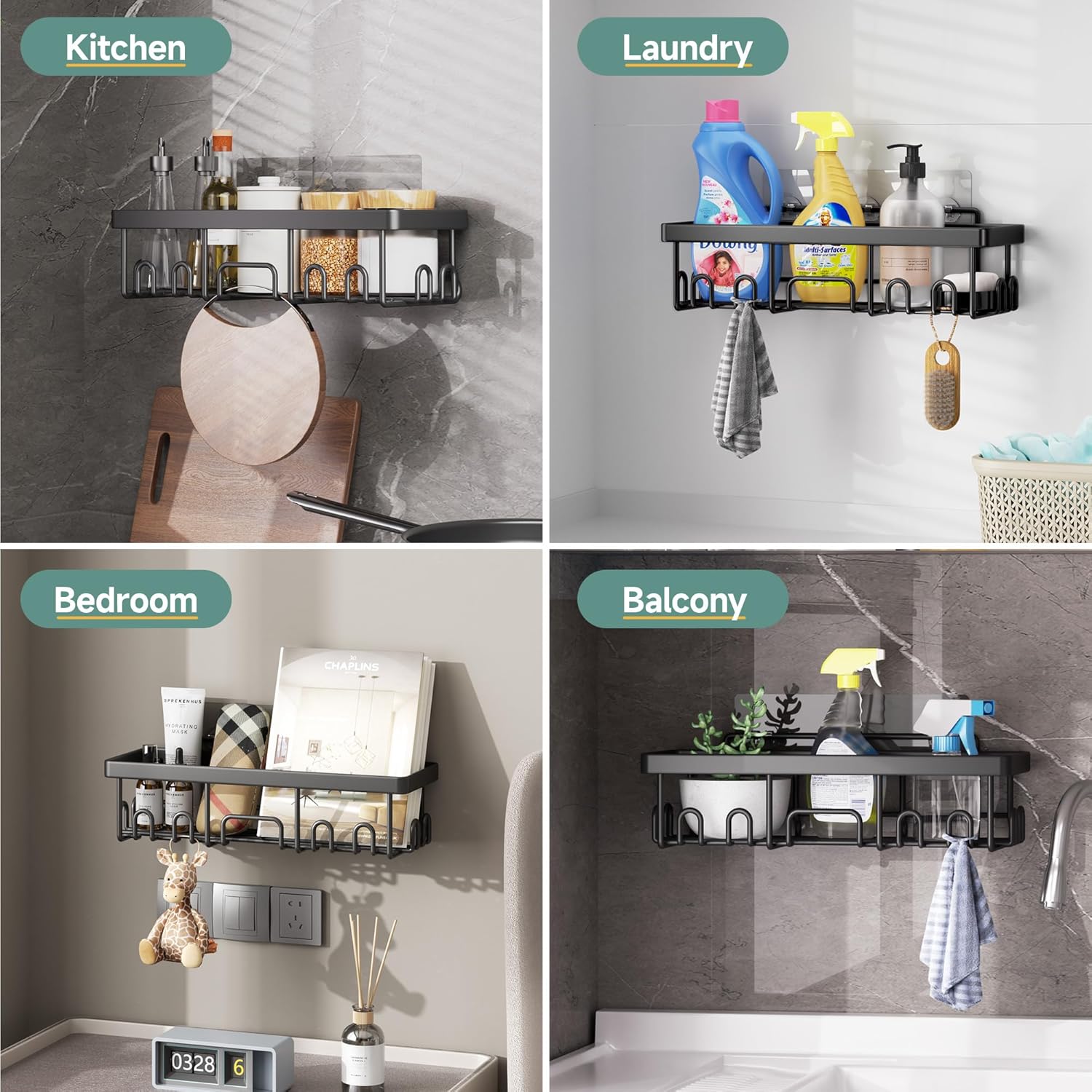 6-Pack Adhesive Shower Caddy Set - Rustproof Stainless Steel Bathroom Organizer & Storage