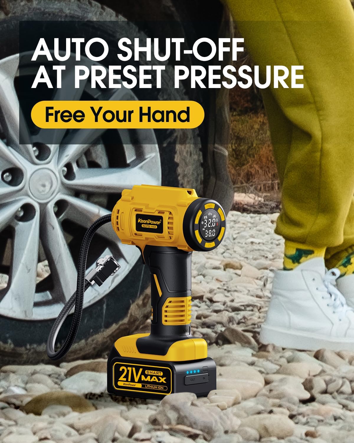 KeenPower Cordless Tire Inflator Portable Air Compressor, 160PSI Car Tire Air Pump, 21V Rechargeable Battery Powered Air Compressor, Dual Power, Larger HD Digital Gauge w/4+N Smart Modes (Yellow)