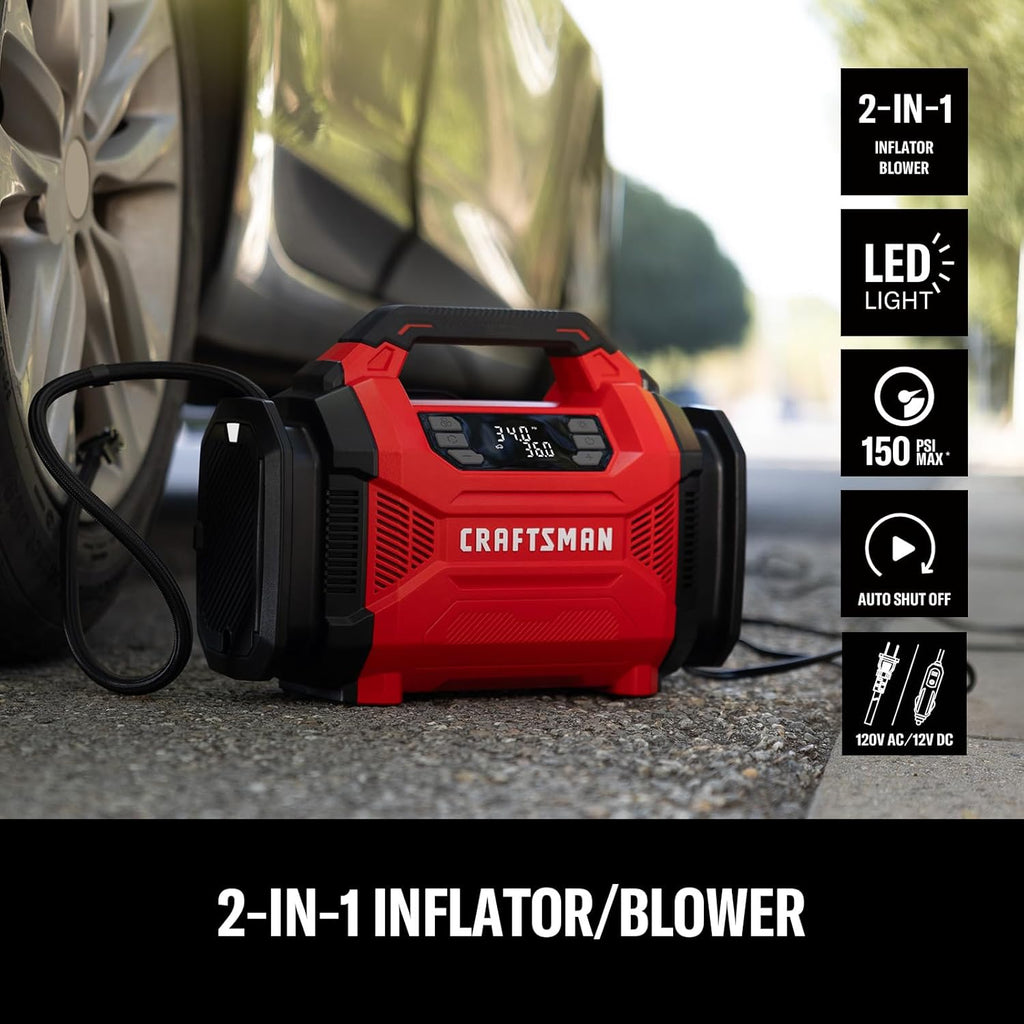 CRAFTSMAN Tire Inflator, Portable Air Compressor 150 PSI, Dual Power 12V DC/120V AC, Auto Shut-Off with Digital Gauge, 2-in-1 Inflator & Blower, LED Light for Car, Bike, and Inflatables