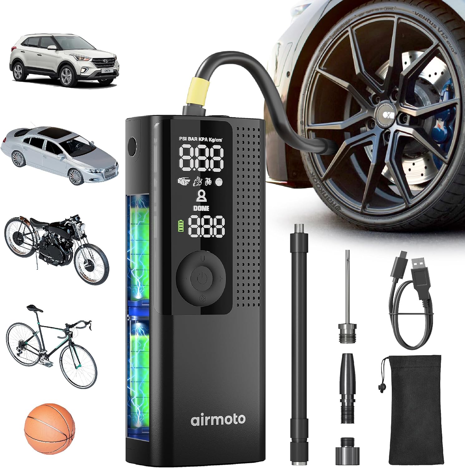 Portable Tire Inflator with Digital Gauge & Auto Shut-Off | Cordless Air Compressor for Cars, Bikes, Balls