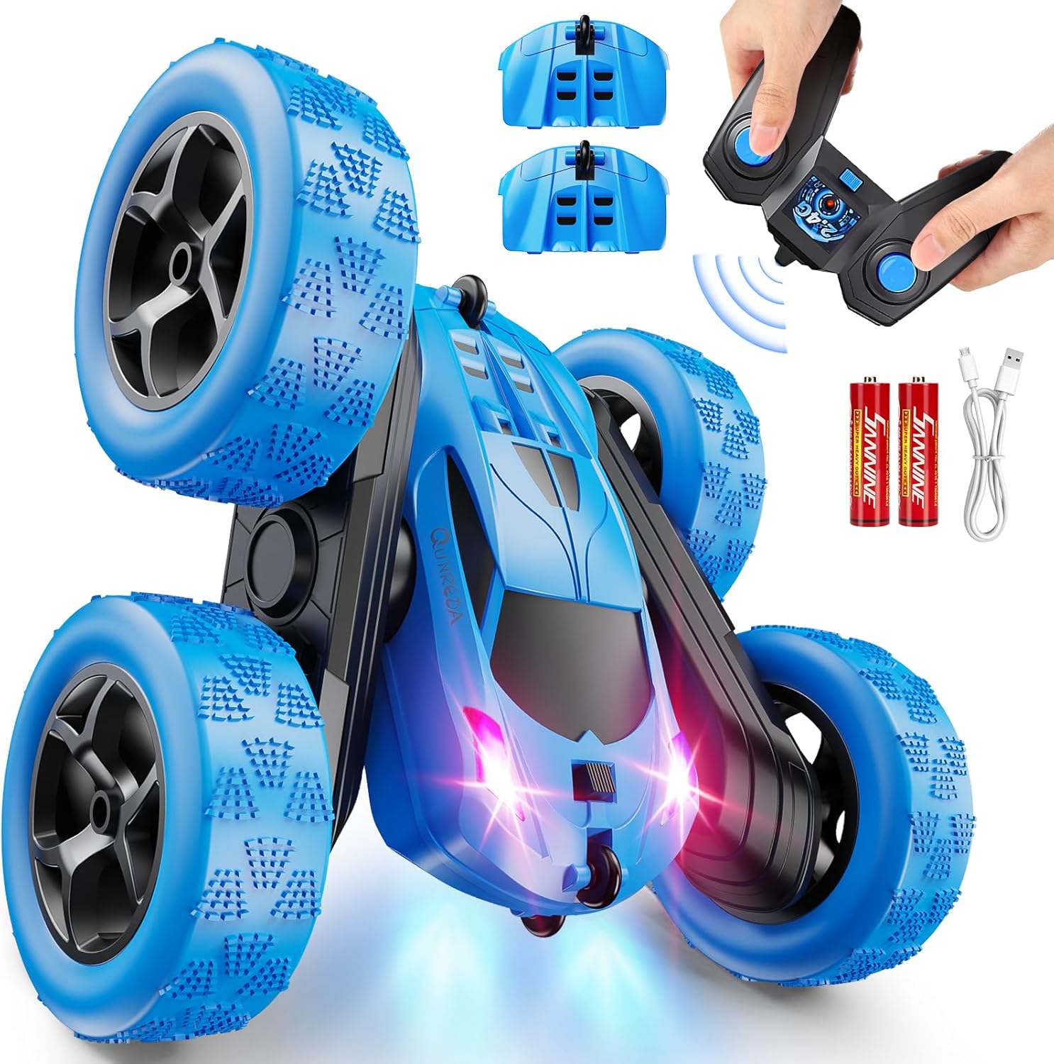 4WD Stunt RC Car with 360° Flips & LED Lights | 2.4GHz Remote | USB-C Modular Batteries | Gift for Kids 6-12