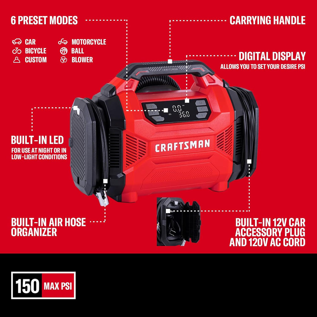 CRAFTSMAN Tire Inflator, Portable Air Compressor 150 PSI, Dual Power 12V DC/120V AC, Auto Shut-Off with Digital Gauge, 2-in-1 Inflator & Blower, LED Light for Car, Bike, and Inflatables