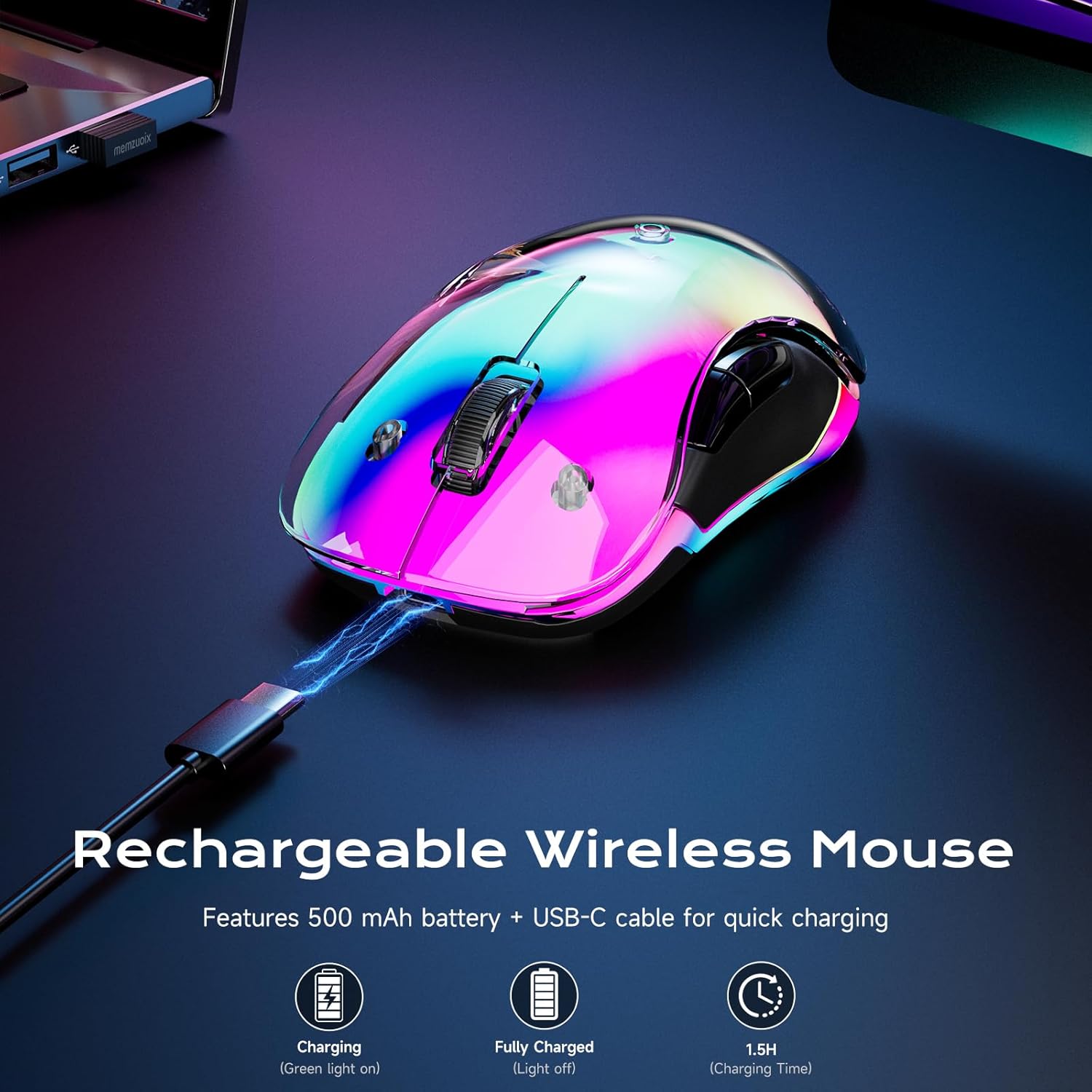 Aesthetic Wireless Mouse with Customizable Covers & LED Mood Lighting - Rechargeable Ergonomic Design, 1200 DPI