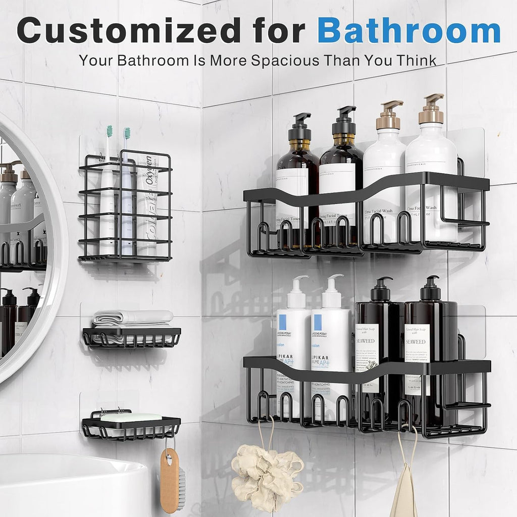 5-Pack Adhesive Shower Caddy, Rustproof Stainless Steel Bathroom Organizer with Large Capacity