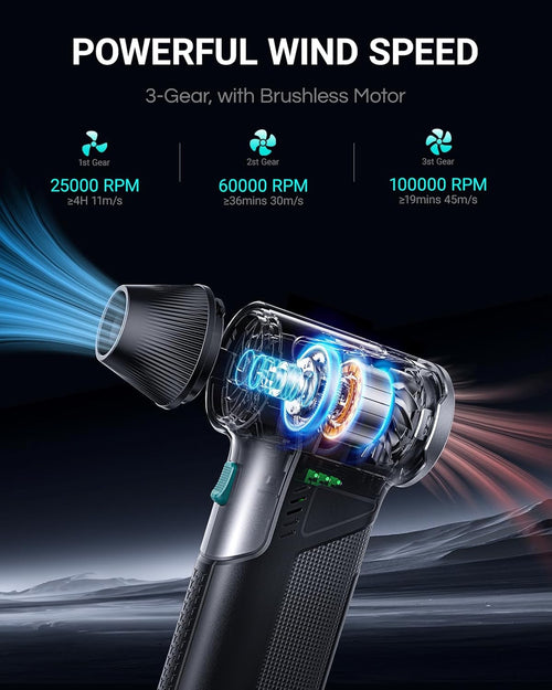 110000RPM Electric Air Duster with 3-Speed Adjustable & Fast Charge, 6 Multi-Purpose Attachments