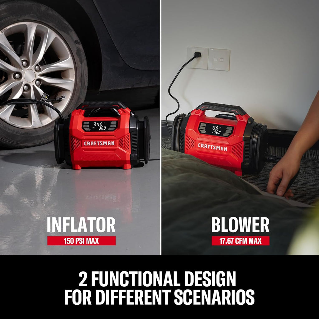 CRAFTSMAN Tire Inflator, Portable Air Compressor 150 PSI, Dual Power 12V DC/120V AC, Auto Shut-Off with Digital Gauge, 2-in-1 Inflator & Blower, LED Light for Car, Bike, and Inflatables