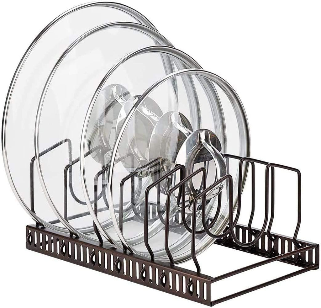 Pot Lid Organizer Rack for Cabinet and Countertop, 7 Adjustable Compartments for Pans and Bakeware