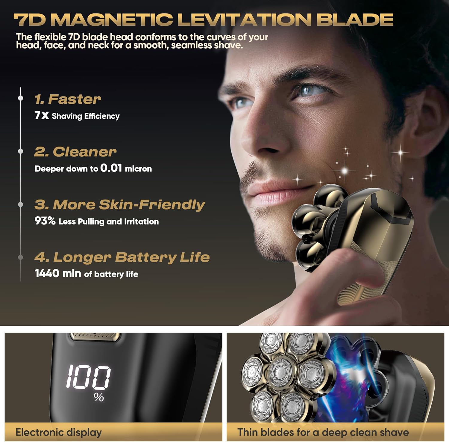 7D Magnetic Electric Shaver for Women, Waterproof Head Razor & Grooming Kit with 140-Min Runtime