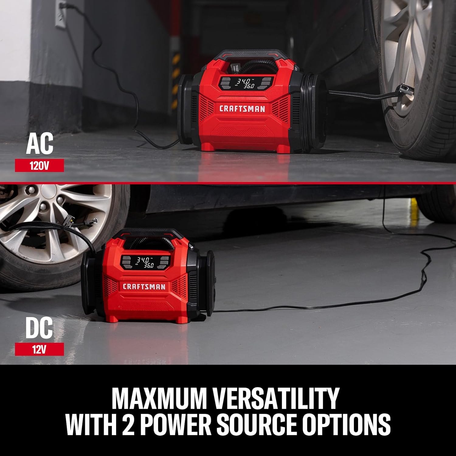 CRAFTSMAN Tire Inflator, Portable Air Compressor 150 PSI, Dual Power 12V DC/120V AC, Auto Shut-Off with Digital Gauge, 2-in-1 Inflator & Blower, LED Light for Car, Bike, and Inflatables