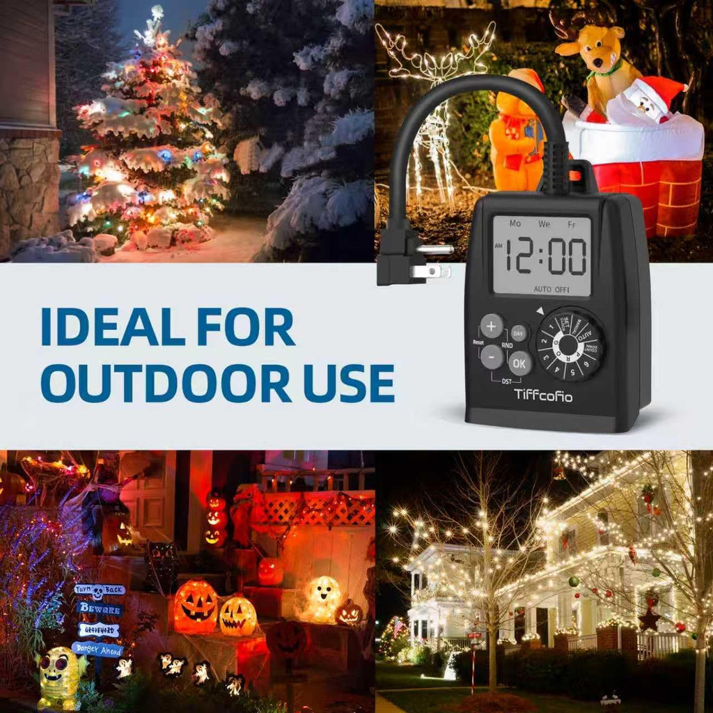 TiFFCOFiO New Digital Outdoor Timer Outlet, Dial Programmable Method, Outdoor Light Timer Waterproof, 2 Grounded Electrical Outlets for Christmas Lights, 6 Sets of Programs, 15A/1875W (1 Pack)