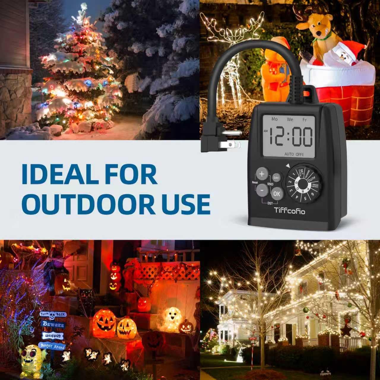 TiFFCOFiO New Digital Outdoor Timer Outlet, Dial Programmable Method, Outdoor Light Timer Waterproof, 2 Grounded Electrical Outlets for Christmas Lights, 6 Sets of Programs, 15A/1875W (1 Pack)