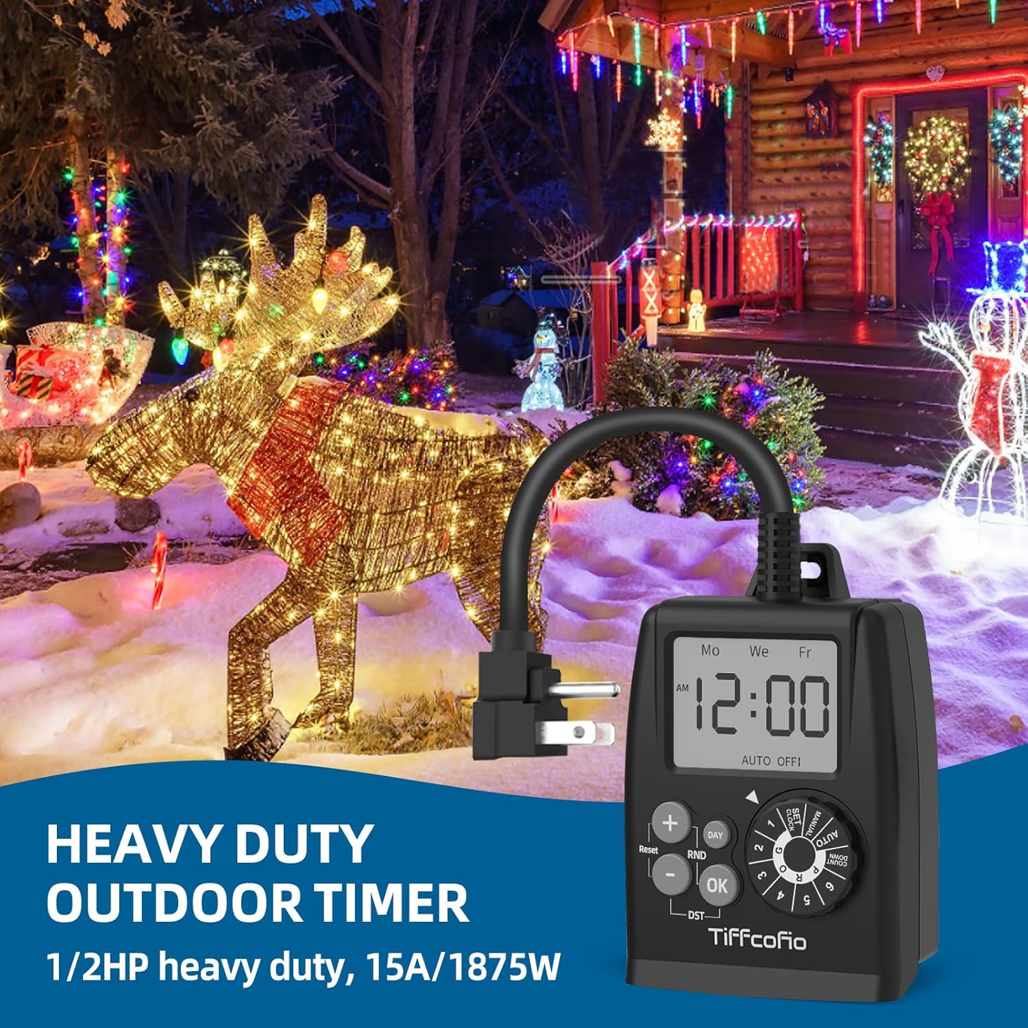 TiFFCOFiO New Digital Outdoor Timer Outlet, Dial Programmable Method, Outdoor Light Timer Waterproof, 2 Grounded Electrical Outlets for Christmas Lights, 6 Sets of Programs, 15A/1875W (1 Pack)