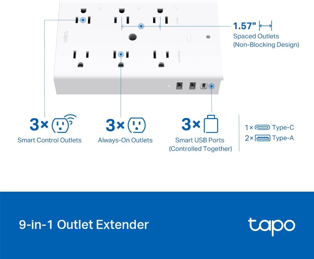 9-in-1 Smart Plug Outlet Extender with 3 Smart Outlets, 18W USB-C Fast Charging & Night Light