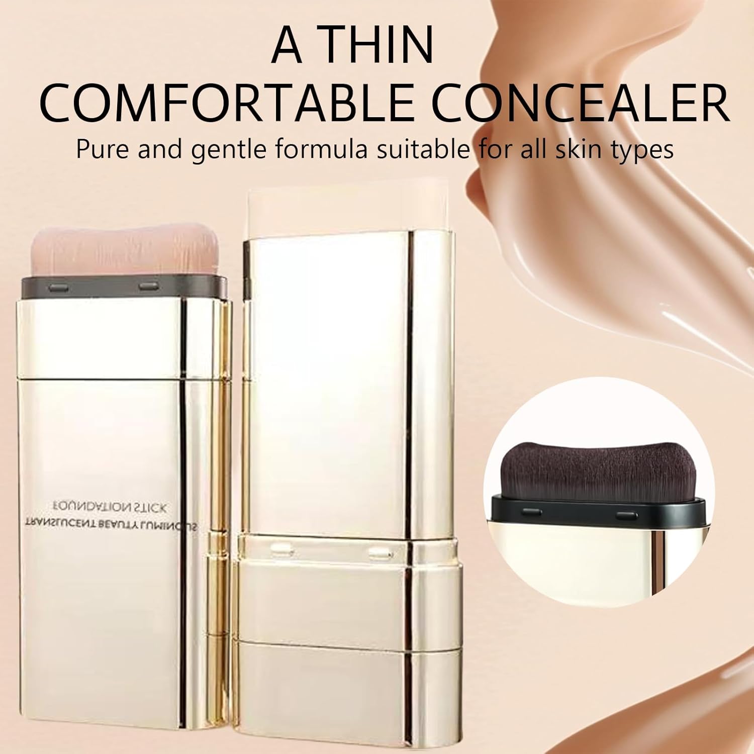 Korean Foundation Stick with Brush, 2-in-1 Waterproof Longwear Concealer, Natural Finish (#3 Warm Skin Color)