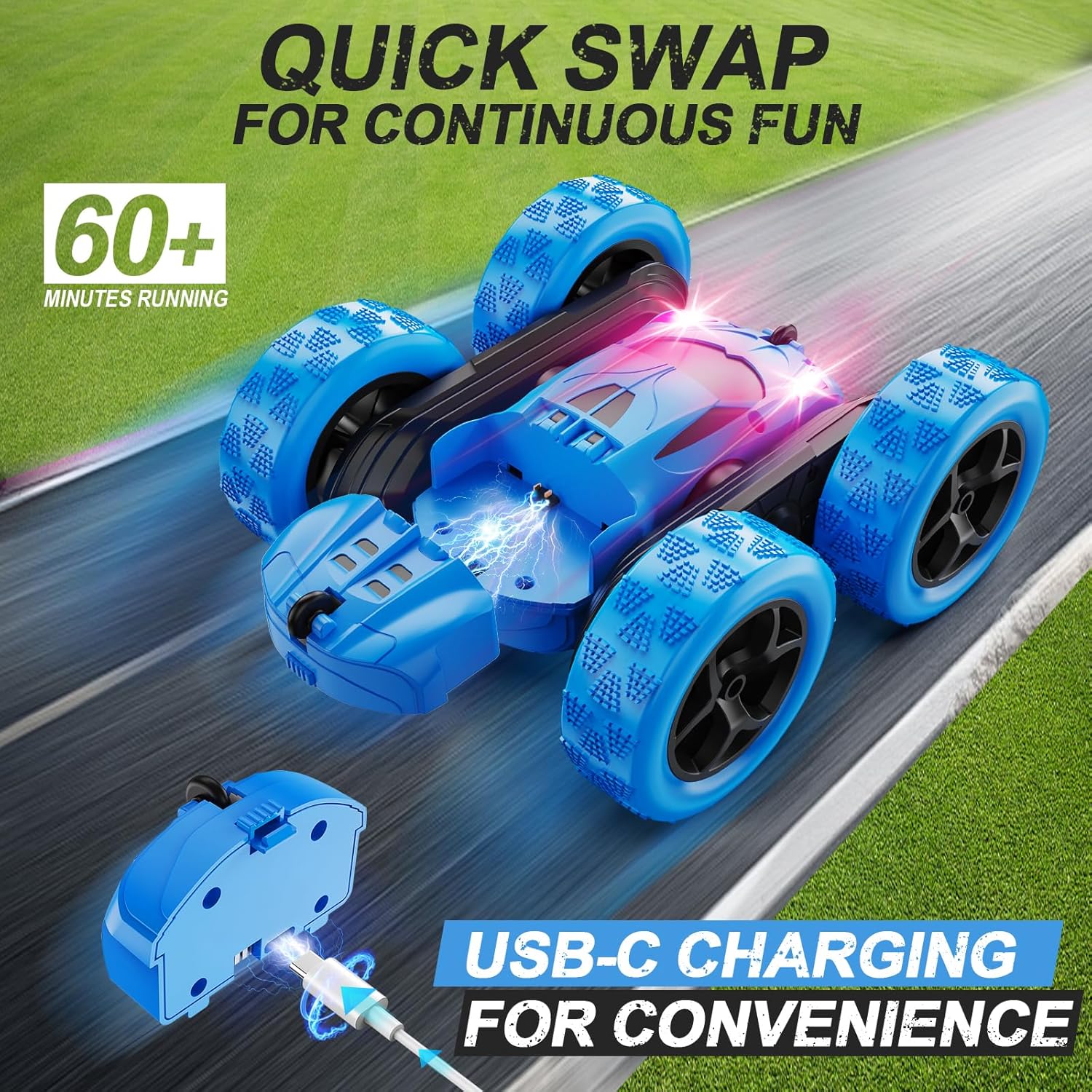 4WD Stunt RC Car with 360° Flips & LED Lights | 2.4GHz Remote | USB-C Modular Batteries | Gift for Kids 6-12