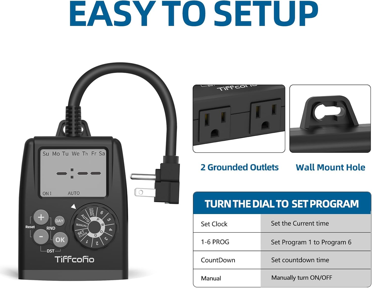 TiFFCOFiO New Digital Outdoor Timer Outlet, Dial Programmable Method, Outdoor Light Timer Waterproof, 2 Grounded Electrical Outlets for Christmas Lights, 6 Sets of Programs, 15A/1875W (1 Pack)