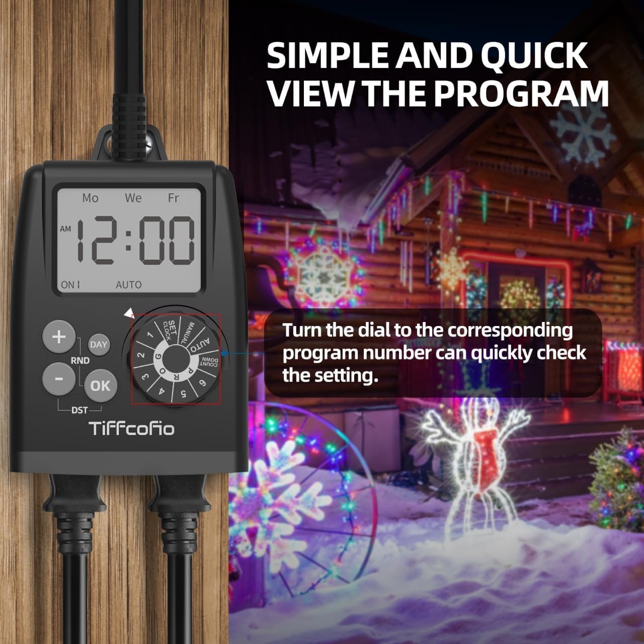 TiFFCOFiO New Digital Outdoor Timer Outlet, Dial Programmable Method, Outdoor Light Timer Waterproof, 2 Grounded Electrical Outlets for Christmas Lights, 6 Sets of Programs, 15A/1875W (1 Pack)