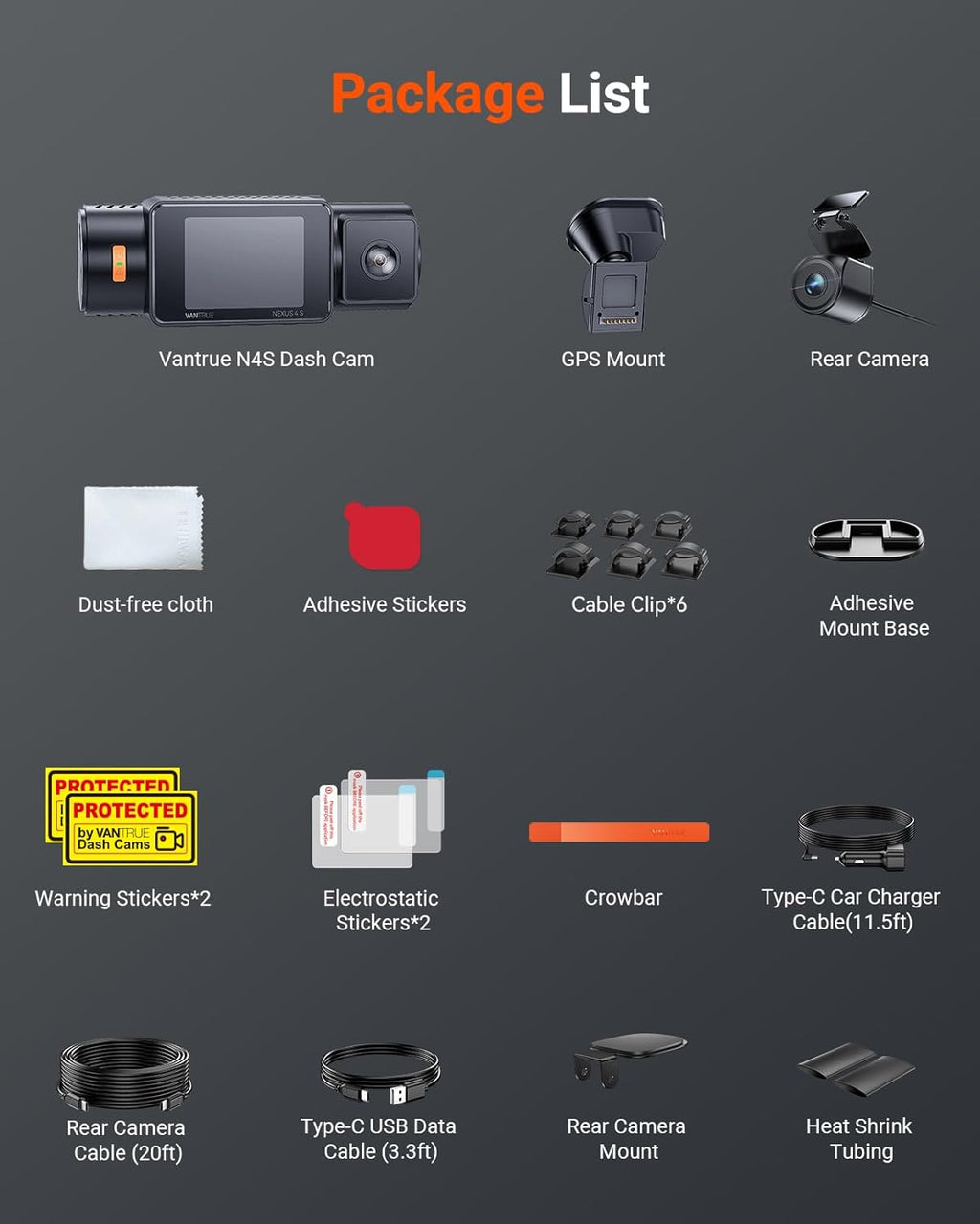 3-Channel Dash Cam with 2.7K Triple Lens, Night Vision & 24/7 Parking Mode
