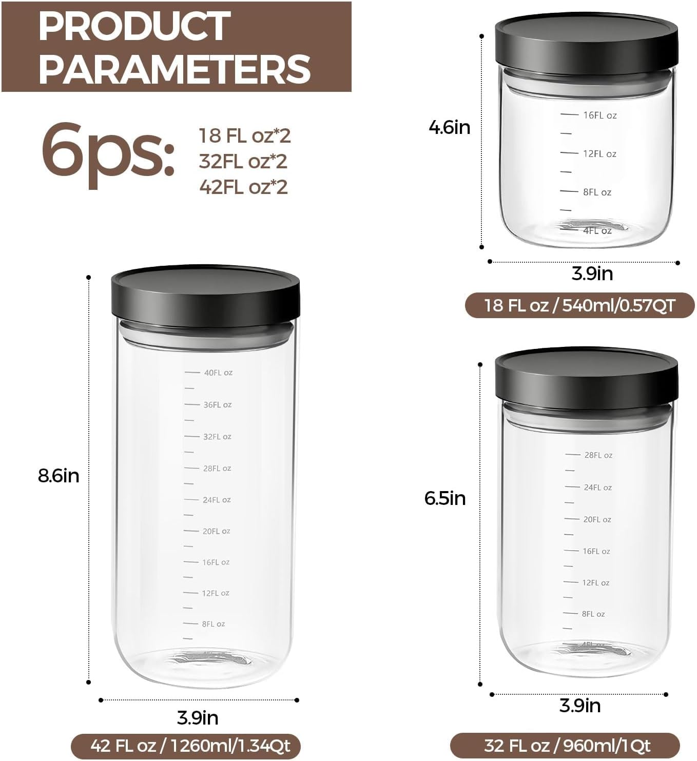 Set of 6 Airtight Glass Storage Canisters with Press-Seal Lids - 3mm Thick Borosilicate Jars for Pantry