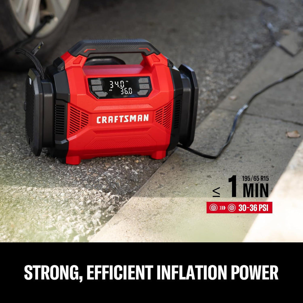 CRAFTSMAN Tire Inflator, Portable Air Compressor 150 PSI, Dual Power 12V DC/120V AC, Auto Shut-Off with Digital Gauge, 2-in-1 Inflator & Blower, LED Light for Car, Bike, and Inflatables