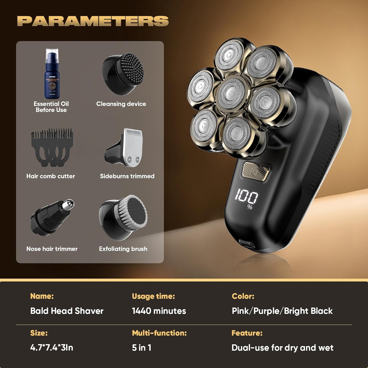 7D Magnetic Electric Shaver for Women & Men, Waterproof Bald Head Trimmer Kit with USB Charging