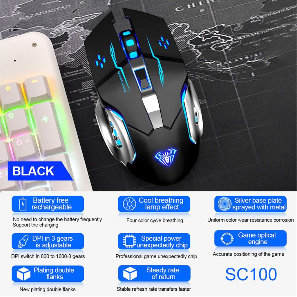 Noiseless Wireless Gaming Mouse with Ergonomic Design - 2 Side Buttons, 30m Range