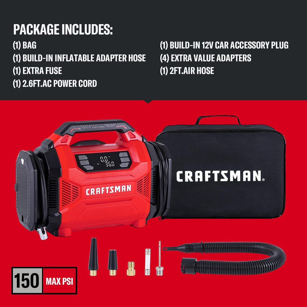 CRAFTSMAN Tire Inflator, Portable Air Compressor 150 PSI, Dual Power 12V DC/120V AC, Auto Shut-Off with Digital Gauge, 2-in-1 Inflator & Blower, LED Light for Car, Bike, and Inflatables