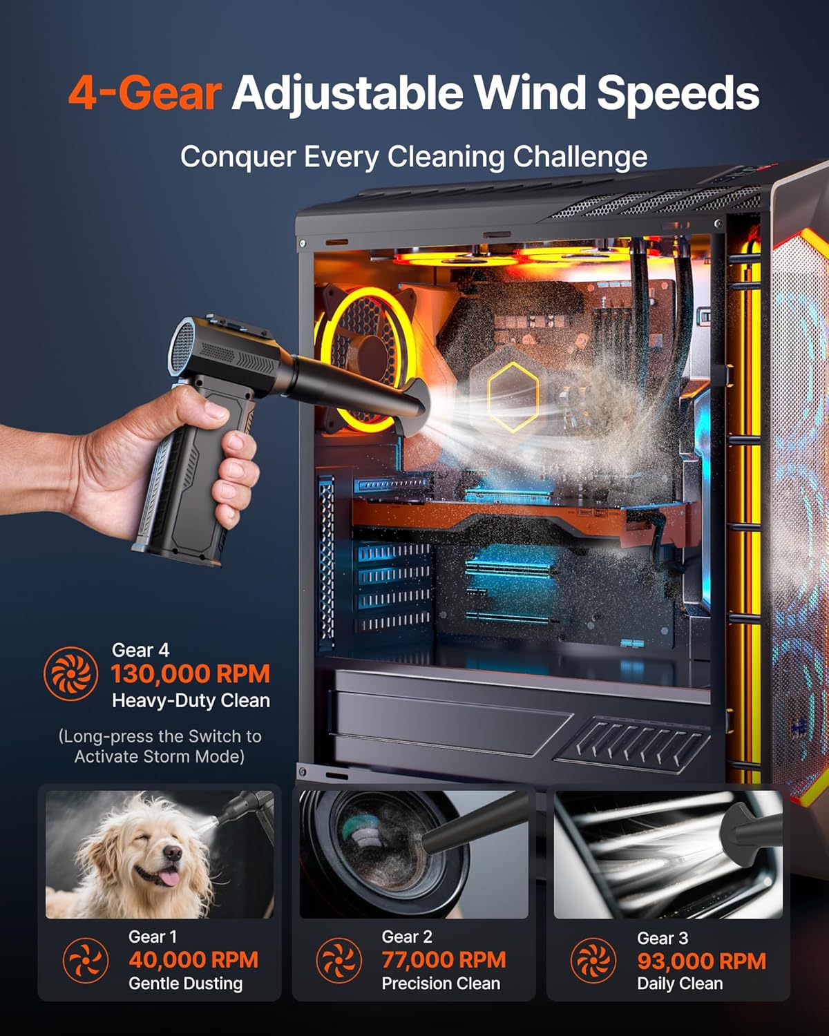 130K RPM Cordless Electric Air Duster with 8000mAh Battery & 4-Gear Adjustable Speeds