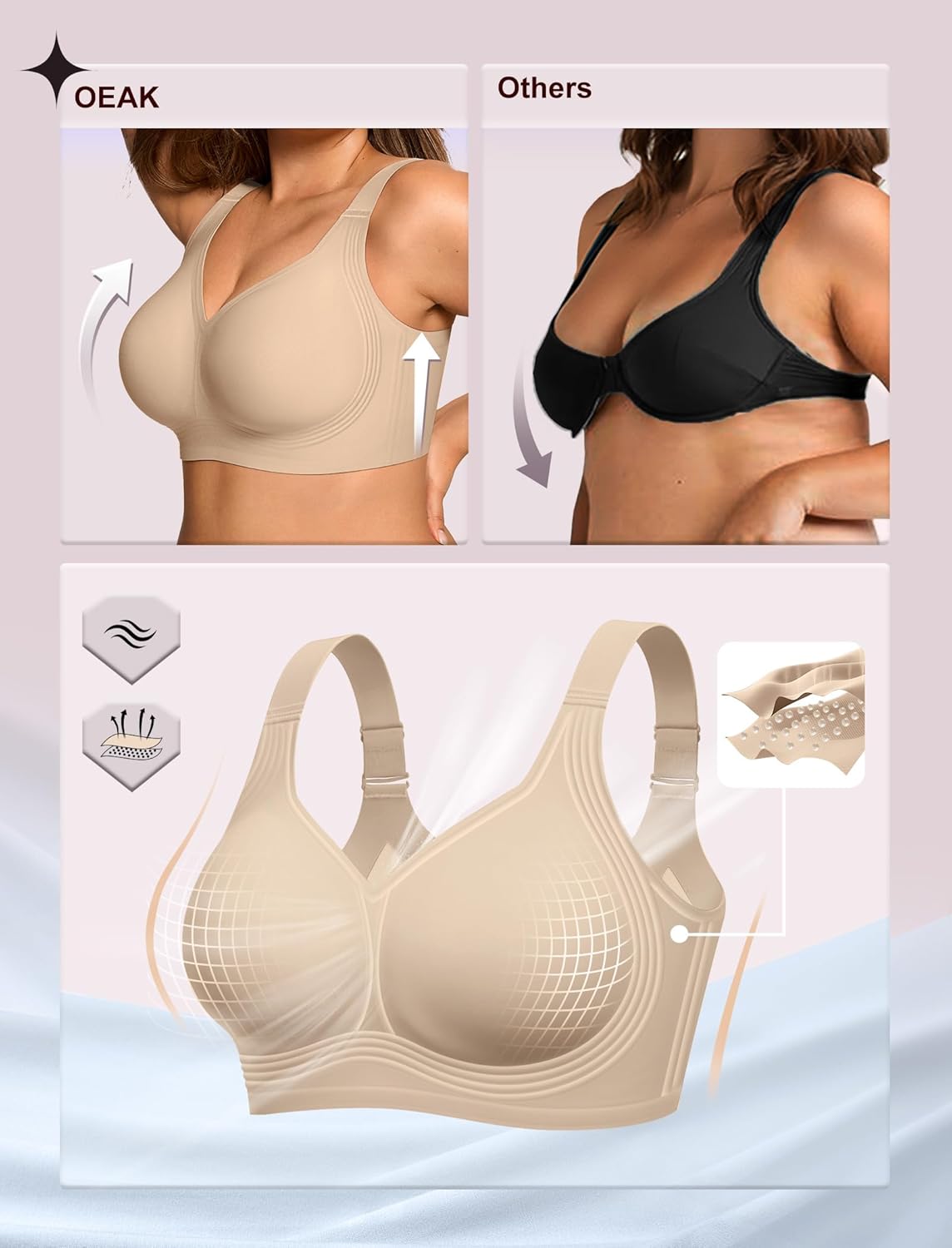 Plus Size Wireless Jelly Bra - Full Coverage Seamless T-Shirt Bra with Push Up Support