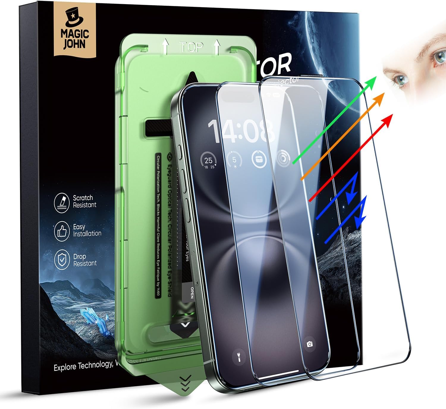 2-Pack Eye Protection Screen Protector for iPhone 15Plus/16Plus (6.7"), HD Clear, Auto Dust-Elimination, 9H Tempered Glass