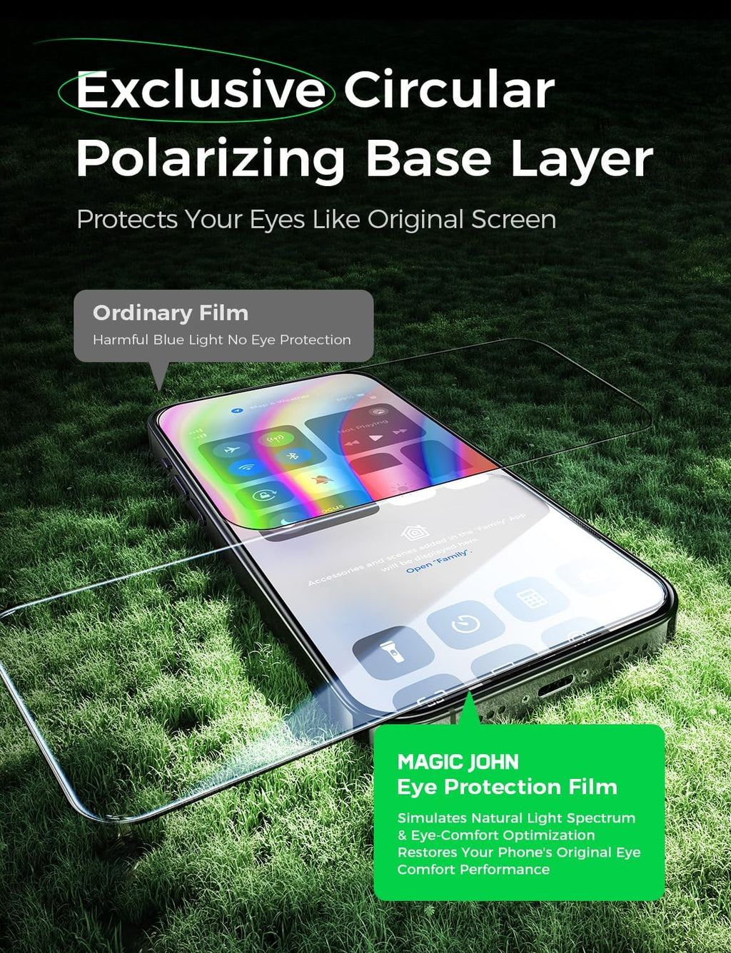 2-Pack Eye Protection Screen Protector for iPhone 15Plus/16Plus (6.7"), HD Clear, Auto Dust-Elimination, 9H Tempered Glass