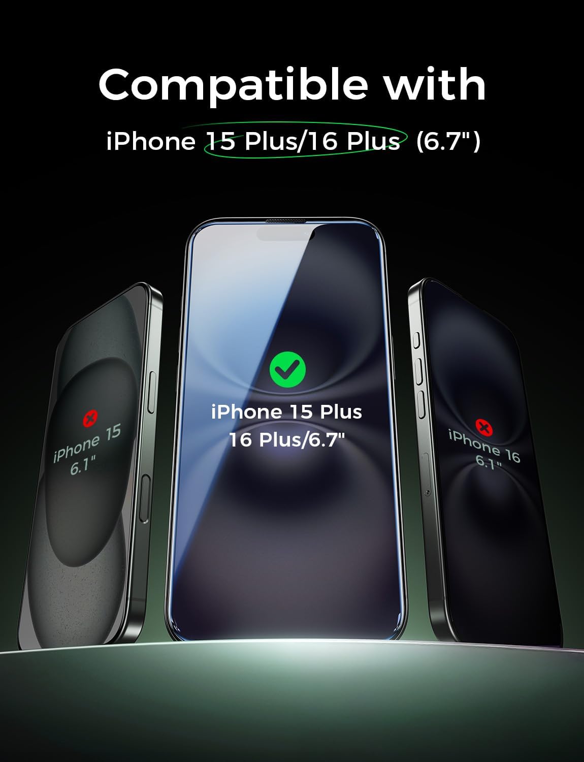2-Pack Eye Protection Screen Protector for iPhone 15Plus/16Plus (6.7"), HD Clear, Auto Dust-Elimination, 9H Tempered Glass