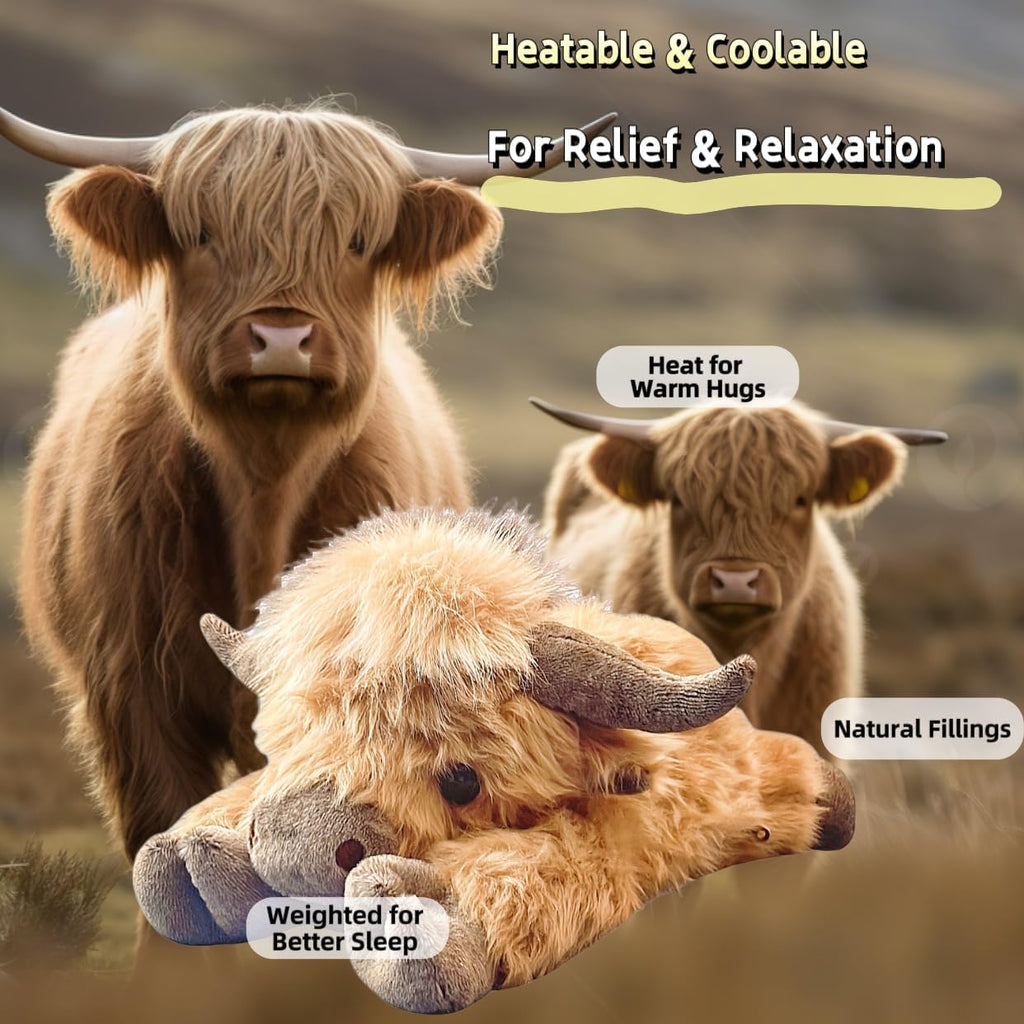20" Highland Cow Weighted Stuffed Animal with Microwavable Heating Pad, 4lb Coolable Plush for Kids & Adults