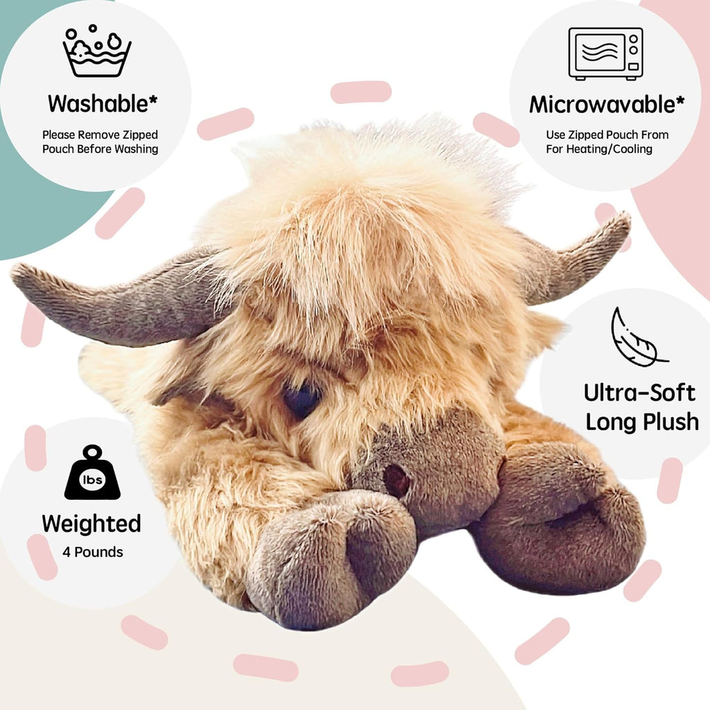 20" Highland Cow Weighted Stuffed Animal with Microwavable Heating Pad, 4lb Coolable Plush for Kids & Adults