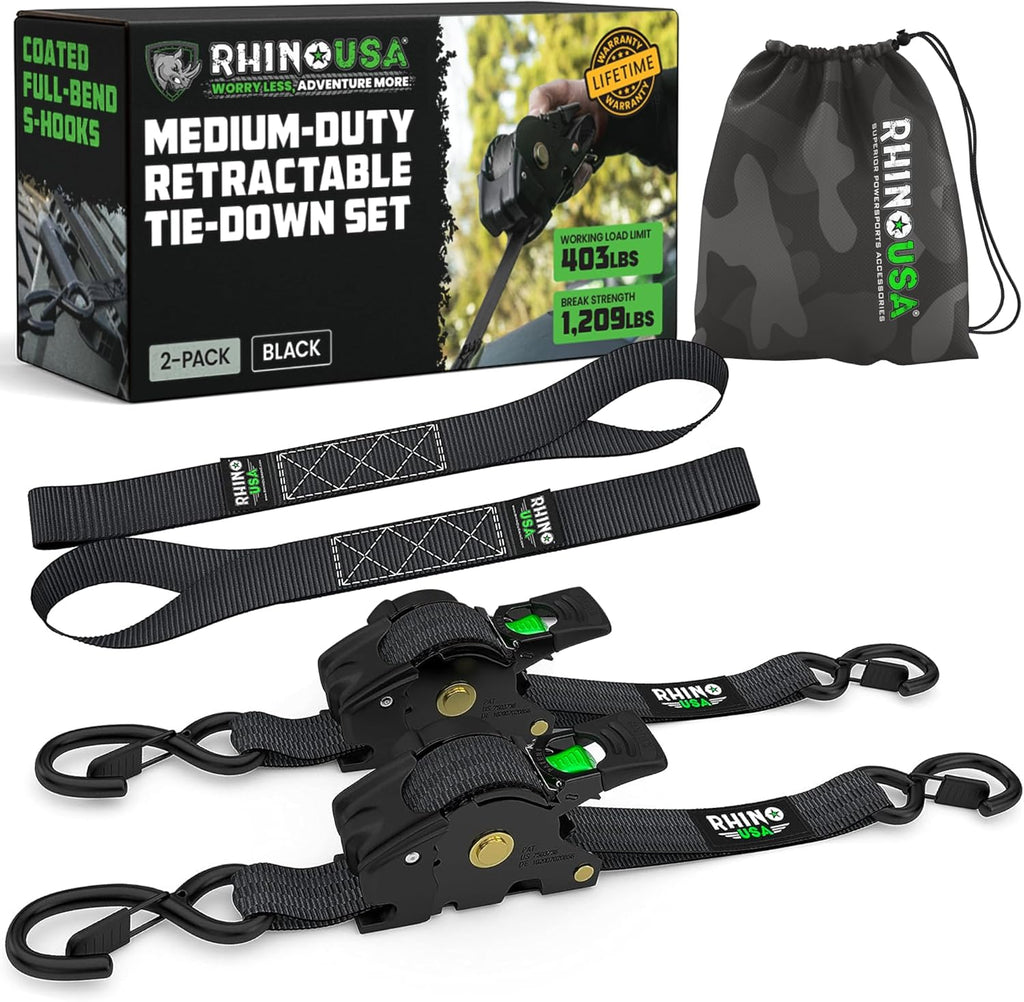 Retractable Ratchet Straps (2-Pack) - 1 Inch x 10 Feet with Auto Self Retracting Feature