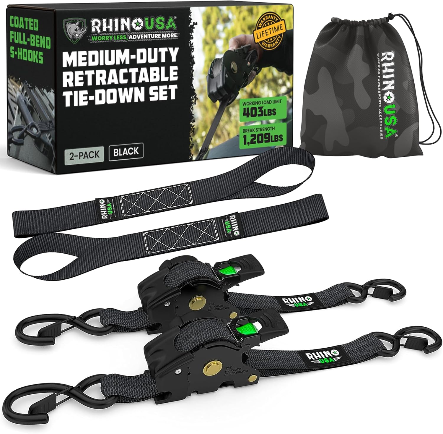 Retractable Ratchet Straps (2-Pack) - 1 Inch x 10 Feet with Auto Self Retracting Feature