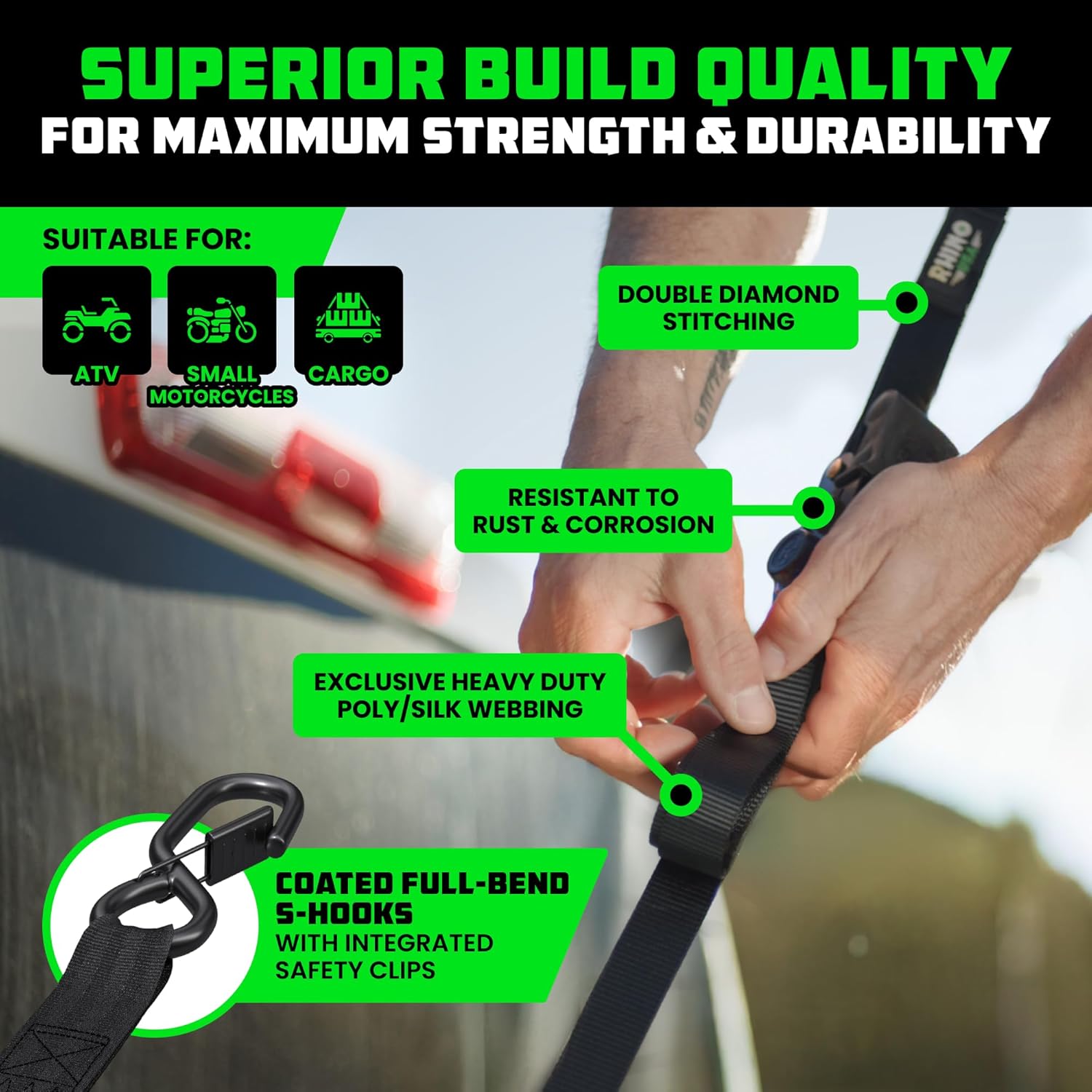 Retractable Ratchet Straps (2-Pack) - 1 Inch x 10 Feet with Auto Self Retracting Feature