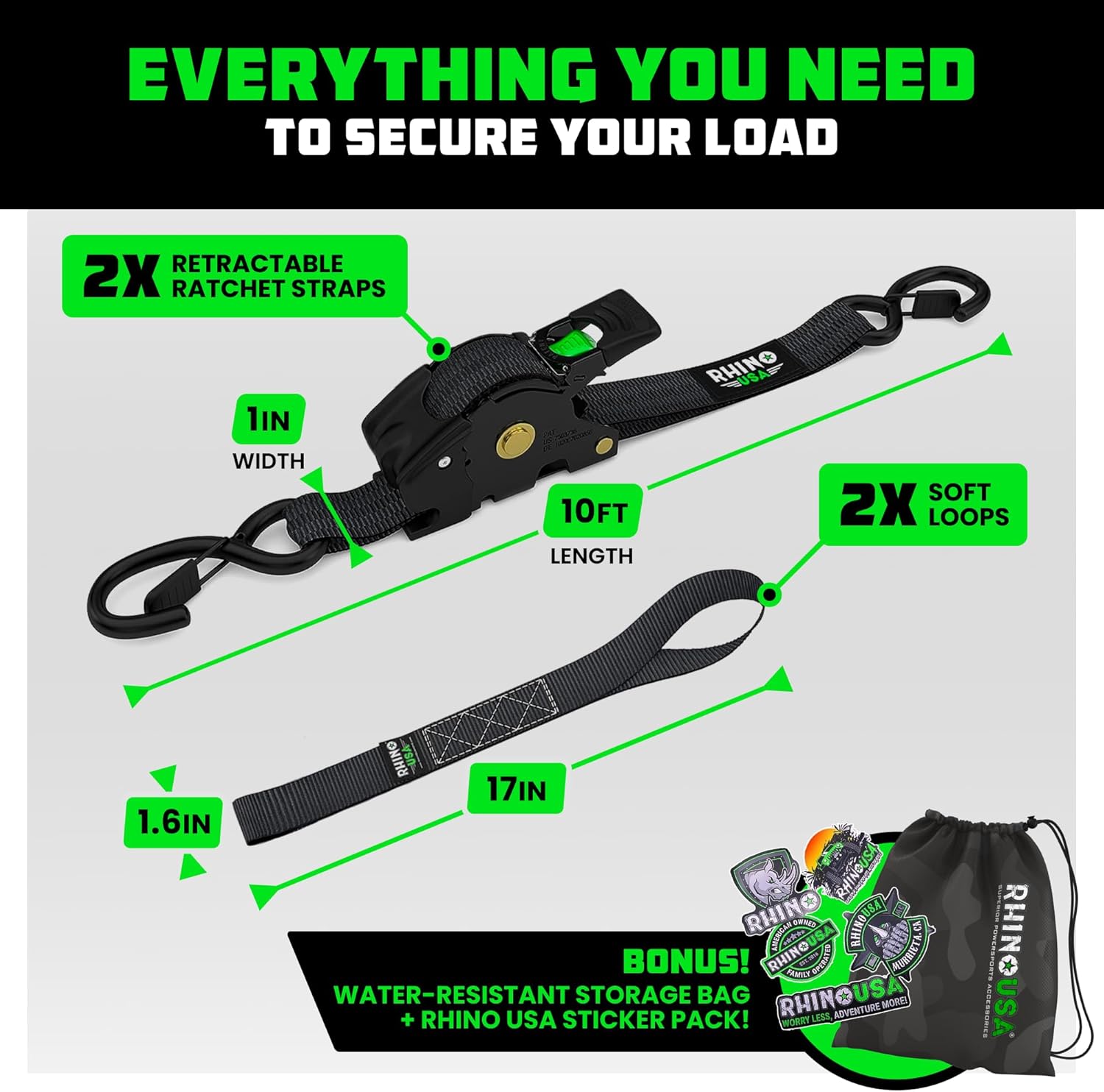 Retractable Ratchet Straps (2-Pack) - 1 Inch x 10 Feet with Auto Self Retracting Feature