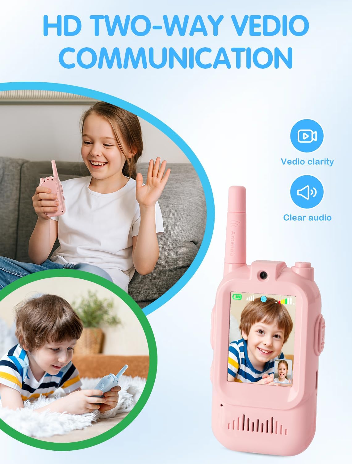 Kids Video Walkie Talkie 2-Pack: Rechargeable Toy with HD Camera & Voice Changer for Outdoor Play