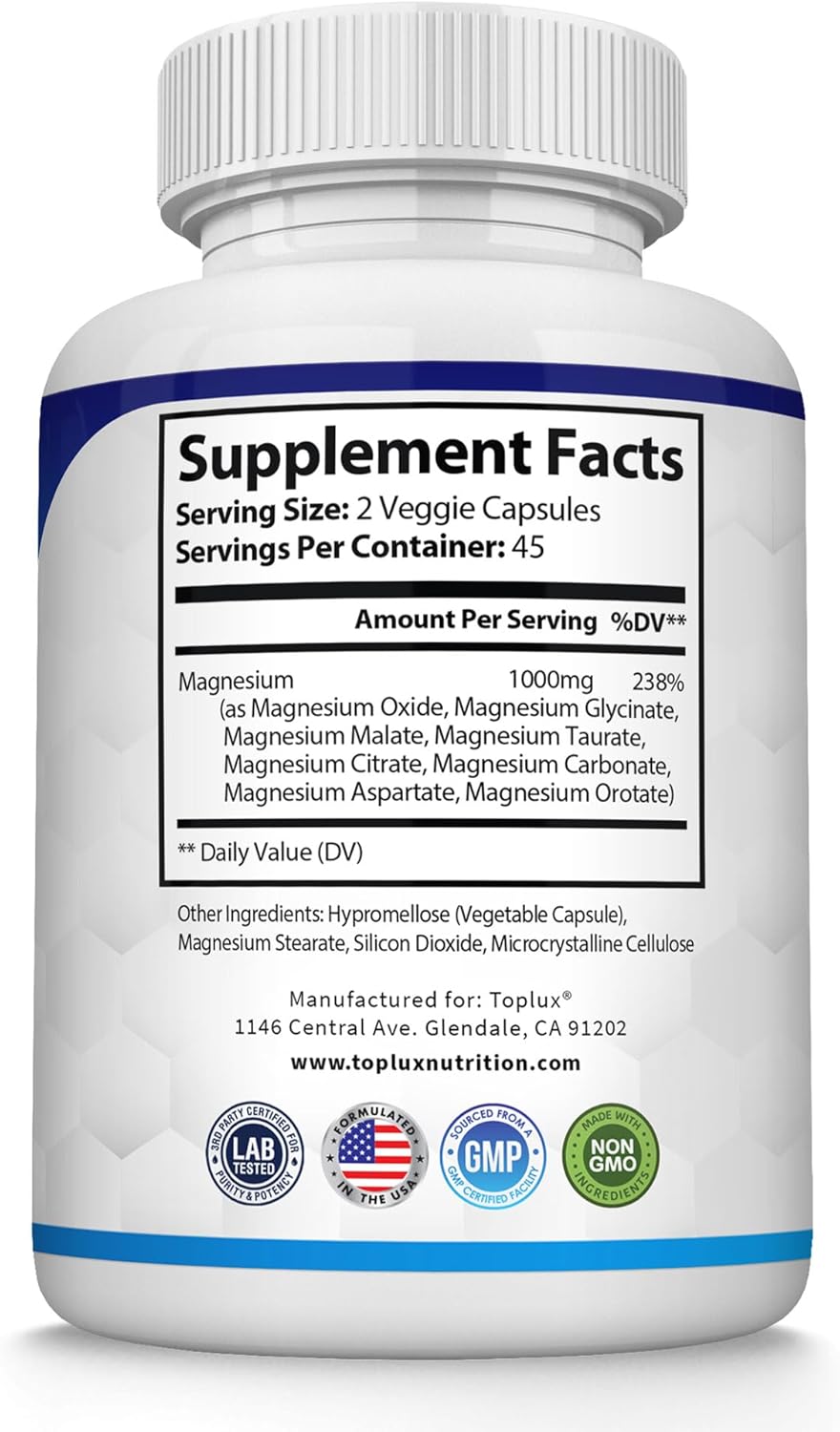8-Form Magnesium Complex 1000mg - Glycinate, Citrate, Malate for Absorption, Bone & Muscle Support, Vegan, 90 Capsules