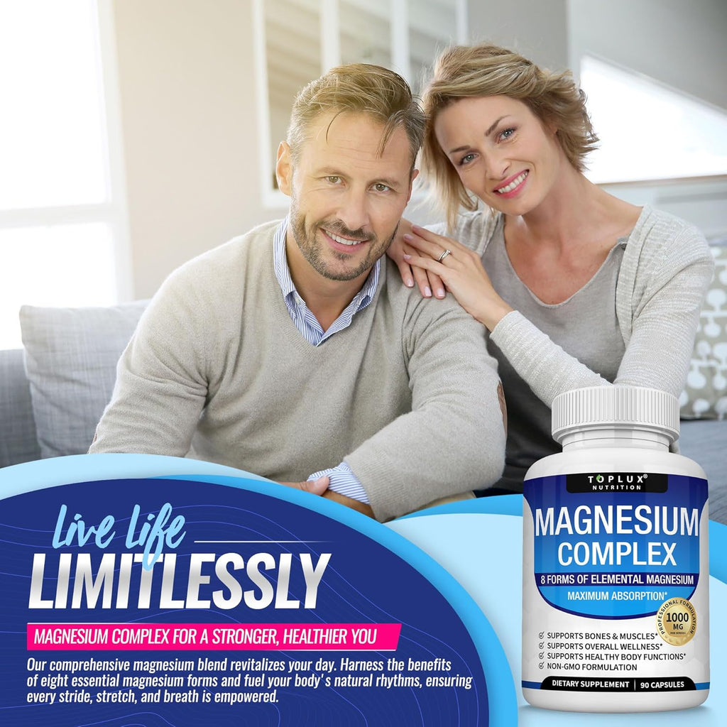 8-Form Magnesium Complex 1000mg - Glycinate, Citrate, Malate for Absorption, Bone & Muscle Support, Vegan, 90 Capsules
