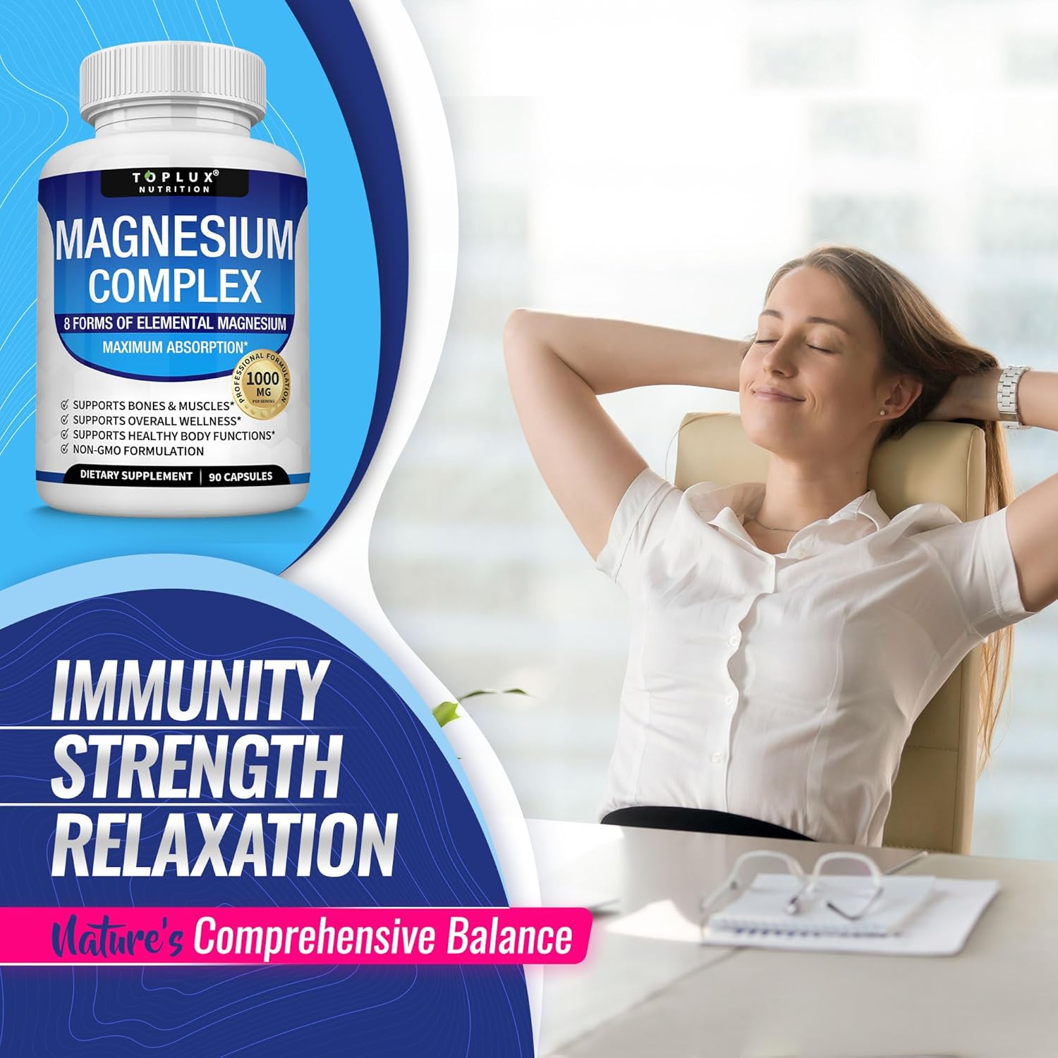 8-Form Magnesium Complex 1000mg - Glycinate, Citrate, Malate for Absorption, Bone & Muscle Support, Vegan, 90 Capsules