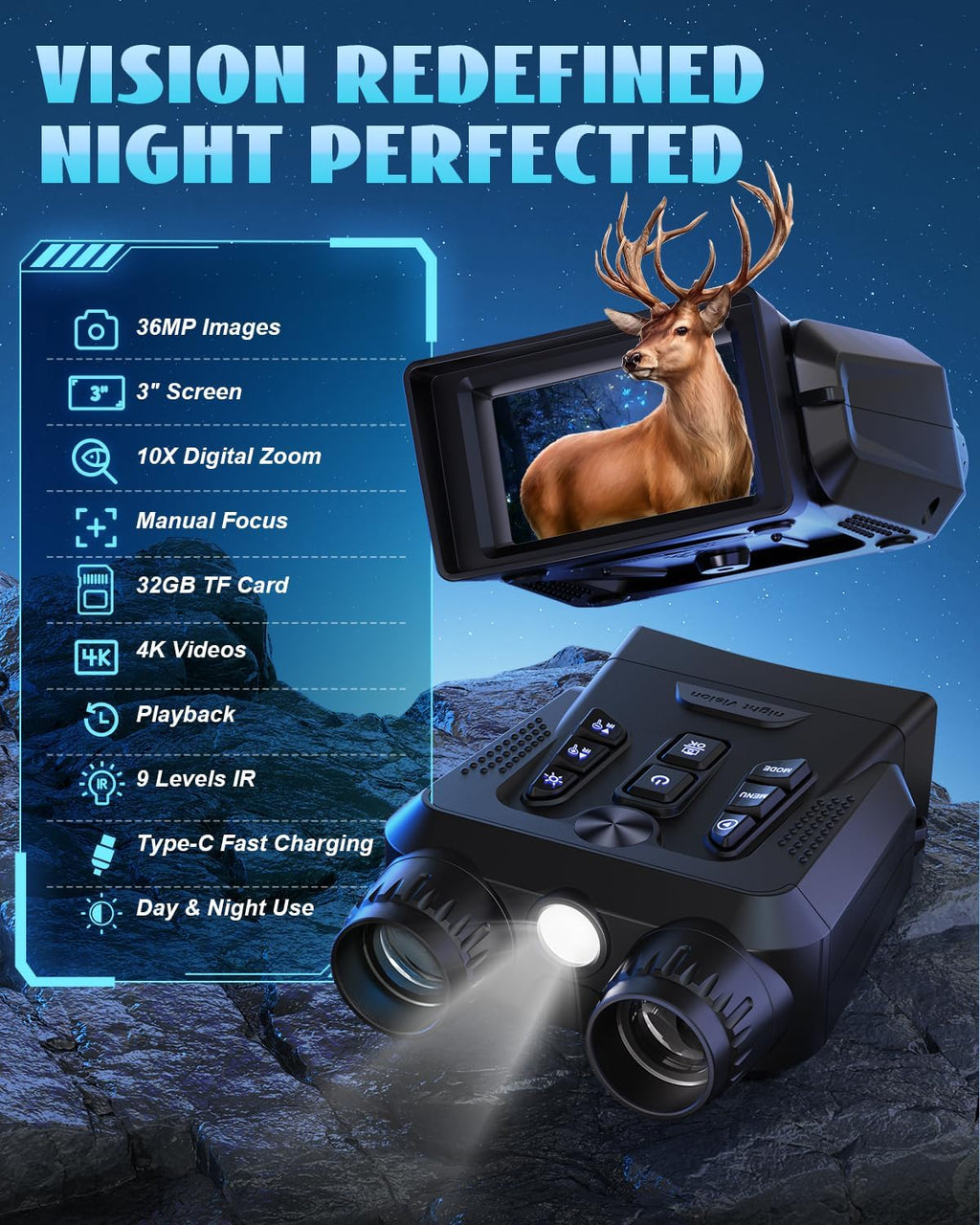 4K Night Vision Binoculars with 3.0" HD Screen, 10x Zoom, 32GB Card & Infrared