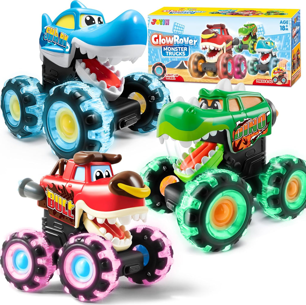 3 Pack Motion Activated Light Up Monster Trucks with LED Wheels - Press & Go Dinosaur Toy Cars for Toddlers