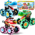 3 Pack Motion Activated Light Up Monster Trucks with LED Wheels - Press & Go Dinosaur Toy Cars for Toddlers