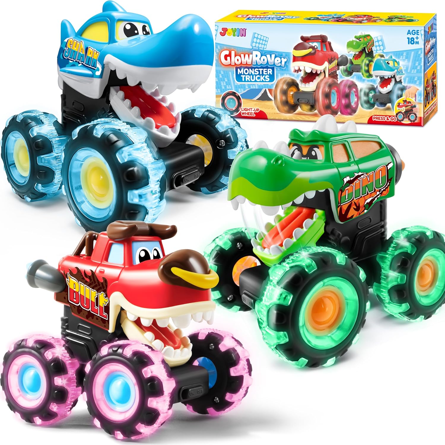 3 Pack Motion Activated Light Up Monster Trucks with LED Wheels - Press & Go Dinosaur Toy Cars for Toddlers