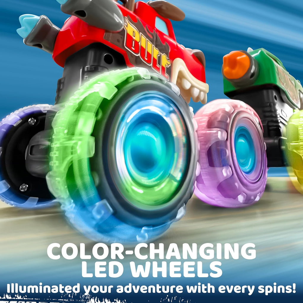 3 Pack Motion Activated Light Up Monster Trucks with LED Wheels - Press & Go Dinosaur Toy Cars for Toddlers
