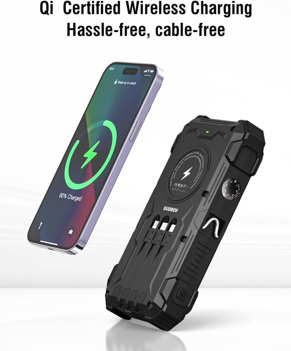 42800mAh Solar Power Bank with Wireless Charging, QC3.0 Fast Charge, 6 Ports & Built-in Flashlights