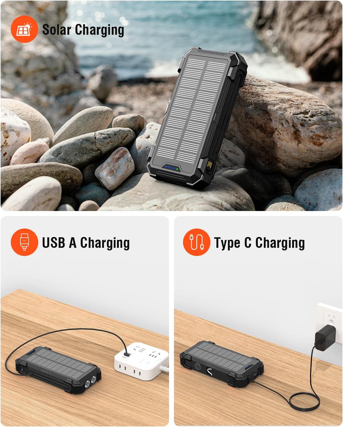 42800mAh Solar Power Bank with Wireless Charging, QC3.0 Fast Charge, 6 Ports & Built-in Flashlights